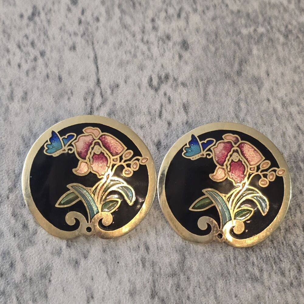 Vtg MCM Gold tone Cloisonné Enamel Flower Floral 1" Round Pierced Earrings EUC